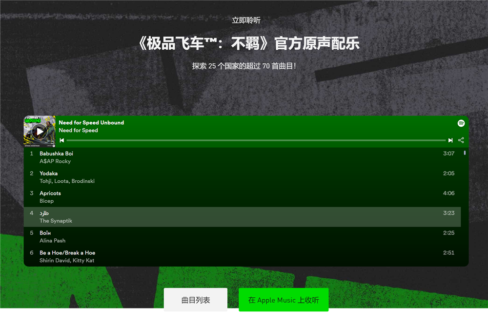 极品飞车22：不羁官方原声配乐公布  现已上架了Spotify