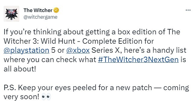 《巫师3：次世代》实体版现已发售 新补丁或将于下周上线