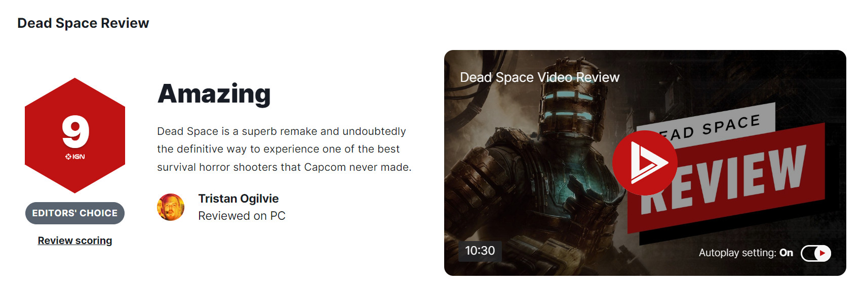 《死亡空间：重制版》评分解禁：9分 游戏评价视频公布